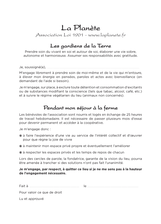 Règlement intérieur La Planète - Les Gardiens De La Terre, charte d'engagement